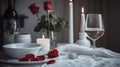 Valentines Day Dinner - White Romantic Table Setting With Wine Gift And Red Roses, generative ai