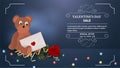 Valentines day discount up to fifty percent blue banner bear cub with postal envelope sits with flower rose with space for text