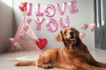 Valentines Day dog lies on a background of balloons in the shape of hearts Royalty Free Stock Photo