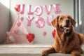 Valentines Day dog lies on a background of balloons in the shape of hearts Royalty Free Stock Photo