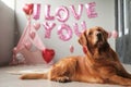 Valentines Day dog lies on a background of balloons in the shape of hearts Royalty Free Stock Photo