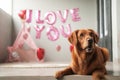 Valentines Day dog lies on a background of balloons in the shape of hearts Royalty Free Stock Photo