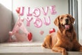 Valentines Day dog lies on a background of balloons in the shape of hearts Royalty Free Stock Photo