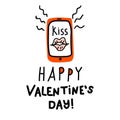 Valentines Day doodle icon mobile phone with lips, Lettering Kiss and Happy Valentines Day. Internet Love decoration