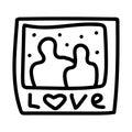 Valentines day Doodle icon Photo of a couple in love and caption lettering Love with a heart. Instant photo frame card