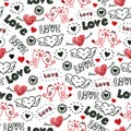 Valentines day doodles seamless pattern. Kissing birds, flying hearts, Love scribbles in red and black. Repeating hand