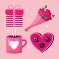 valentines day element collection rose bouquet gift pink heart cup and candy box