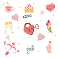 Valentines day elements designs collection. Valentine flat clipart set with bouquet of flowers, bicycle and hearts