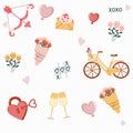 Valentines day elements designs collection. Valentine flat clipart set with bouquet of flowers, bicycle and hearts