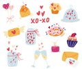 Valentines day elements set. Champagne, hearts, candies, sweets, cakes, jars and inscription. Perfect for Valentines day gift,