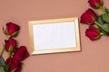Valentines day,empty frame, romantic seamless nude background,gift,red roses,free copy text space Royalty Free Stock Photo