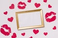 Valentines day,empty frame,seamless white background,kisses,hearts,message,free copy text space Royalty Free Stock Photo