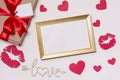 Valentines day,empty frame, white background,gift,red roses,hearts,love,free copy text space Royalty Free Stock Photo