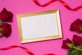 Valentines day,empty frame,seamless pink background,red roses,hearts,ribbon,free copy text space Royalty Free Stock Photo