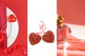 Valentines Day fashion layout with female accessories on classic red and white background