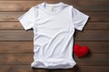 Valentines Day fashion White t shirt mockup, heart shaped gift box, wooden background