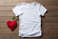 Valentines Day fashion White t shirt mockup, heart shaped gift box, wooden background