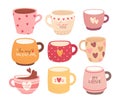 Valentine day coffee cups, mugs set with different decorative romantic lettering vector illustration Royalty Free Stock Photo