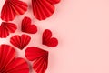 Valentines day festive background in asian style - red paper hearts of folded fans as pattern sideways border soar on gentle.