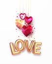 Valentines Day festive background with realistic metallic gold and red ruby low poly heart. Golden Lettering Love on