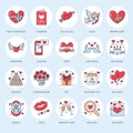 Valentines day flat line icons. Love, romance symbols - heart, engagement ring, wedding cake, Cupid, romantic date Royalty Free Stock Photo