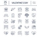 Valentines day flat line icons. Love, romance symbols - hearts, engagement ring, wedding cake, Cupid, romantic date