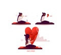 Valentines day flat vector illustration tiny people in smartphone tiny. Broken red heart and crying girl, happy girl