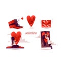 Valentines day flat vector illustration tiny people in smartphone tiny. Broken red heart and crying girl, happy girl