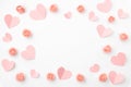 Valentines day floral background with coral or pink flowers shape heart flat lay. Mothers day, 8 March Women day. Top view Royalty Free Stock Photo