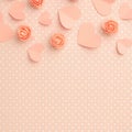 Valentines day floral composition with copy space. Love Day background with coral or pink flowers rose shape heart flat lay. Royalty Free Stock Photo