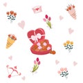 Valentines day flowers elements designs collection. Valentine flat clipart set with bouquet of tulips flowers, roses and