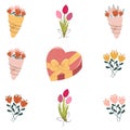 Valentines day flowers elements designs collection. Valentine flat clipart set with bouquet of tulips flowers, roses