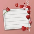 Valentines Day frame of wooden hearts and paper roses on a background with copy space. Royalty Free Stock Photo