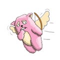 Valentines Day, Funny Cupid Pink Cat, Flying on the Wings of Love, Hit a Different Person. White Background