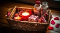 Valentines Day Gift Basket with Candles, Chocolates, and Oils on White Wooden Surface Royalty Free Stock Photo