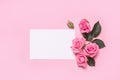 Valentines day gift blank and pink roses bouquet on pink background