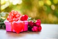 Valentines day gift box flower love concept / Pink gift box with ribbon bow red roses flower Royalty Free Stock Photo