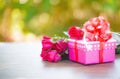 Valentines day gift box flower love concept / Pink gift box with ribbon bow red roses flower Royalty Free Stock Photo