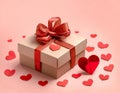 Valentines Day gift box with red ribbon on pink backdrop and red hearts Royalty Free Stock Photo