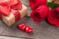 Valentines day gift box, roses and candy hearts Royalty Free Stock Photo