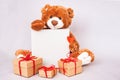 Valentines Day Teddy bear holding place for text, red heart and gift box. Retro romantic style. Creative greeting card