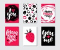 Valentines day gift card vector set. Hand drawn printable templates with lettering, texture, love quotes. Royalty Free Stock Photo