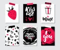 Valentines day gift card vector set. Hand drawn printable templates with lettering, texture, love quotes. Royalty Free Stock Photo