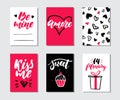 Valentines day gift card vector set. Hand drawn printable templates with lettering, texture, love quotes. Royalty Free Stock Photo