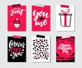 Valentines day gift card vector set. Hand drawn printable templates with lettering, texture, love quotes. Royalty Free Stock Photo