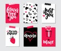 Valentines day gift card vector set. Hand drawn printable templates with lettering, texture, love quotes. Royalty Free Stock Photo