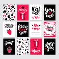 Valentines day gift card vector set. Hand drawn printable templates with lettering, texture, love quotes. Royalty Free Stock Photo