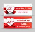 Valentines day gifts, 50% discounted price tag with red and white letters and hearts Put on a red background
