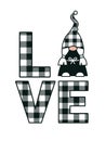 Valentines Day girl gnome sublimation. Love gnomes. Romantic buffalo plaid vector illustration. Love letters svg cut