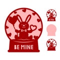 Valentines Day. Globe with bunny, hearts. Love symbols. Paper,laser cut template with phrase. Be mine